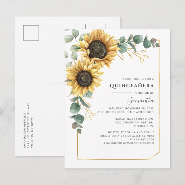 Sunflower Quinceanera Greenery 15th Birthday Party Invitation Postcard (Front/Back)