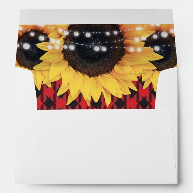 Sunflower Red Buffalo Plaid Wedding Envelope (Back (Bottom))