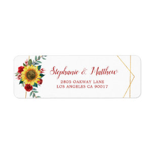 Sunflower Red Floral Geometric Gold Address Return Address Label