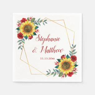 Sunflower Red Floral Geometric Wedding Napkin