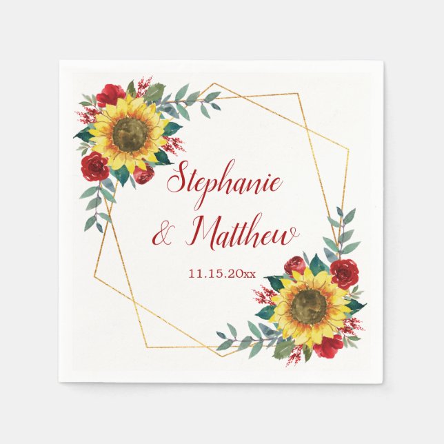 Sunflower Red Floral Geometric Wedding Napkin (Front)