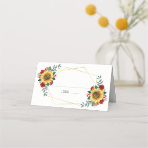Sunflower Red Floral Geometric Wedding Place Card