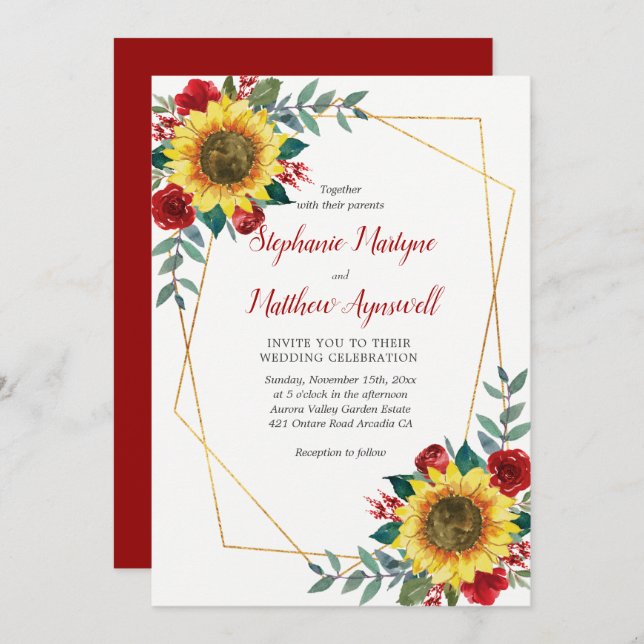 Sunflower Red Floral Modern Geometrical Wedding Invitation (Front/Back)