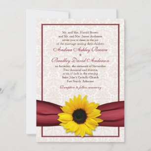 Sunflower Red Ribbon Damask Wedding Invitation