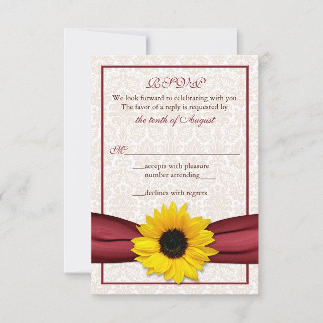 Sunflower Red Ribbon Damask Wedding RSVP Card (Front)
