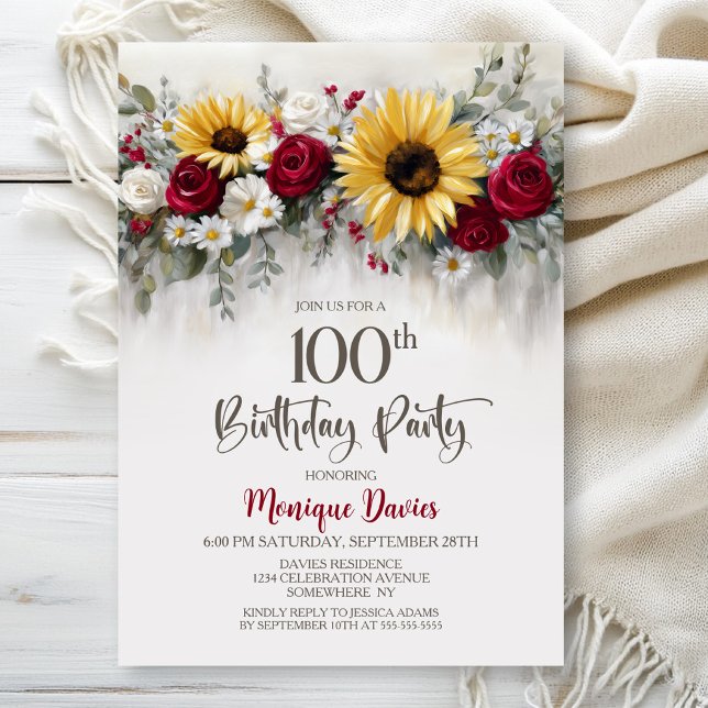 Sunflower Red Rose Floral 100th Birthday Party Invitation (Creator Uploaded)