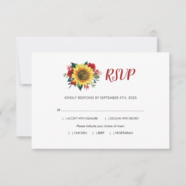 Sunflower Red Rose Floral Meals Wedding RSVP Card (Front)