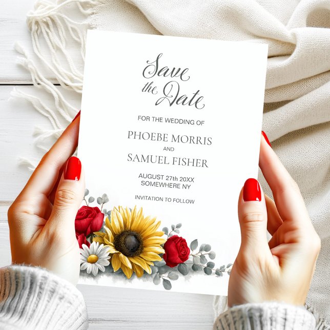 Sunflower Red Rose Floral Wedding Save the Date (Creator Uploaded)