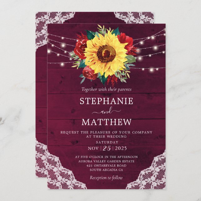 Sunflower Red Rose Lace Burgundy Wood Wedding Invitation (Front/Back)