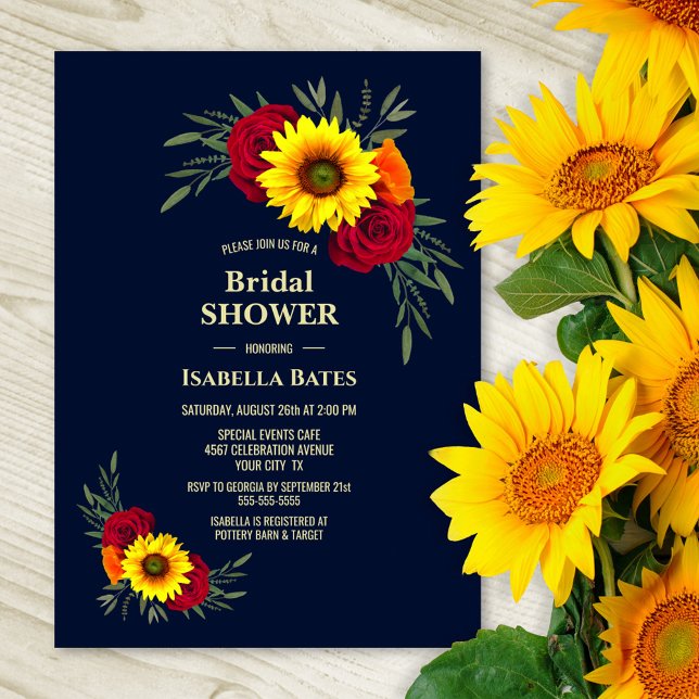 Sunflower Red Rose Navy Blue Bridal Shower Invitation (Creator Uploaded)