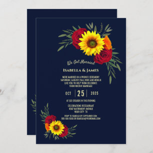 Sunflower Red Rose Navy Blue Wedding Reception Invitation