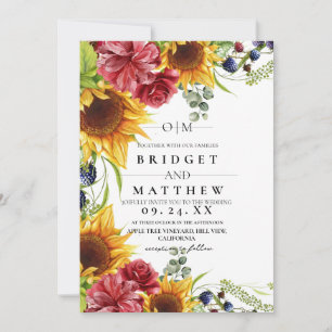 Sunflower Red Rose Watercolor Wedding Invitation