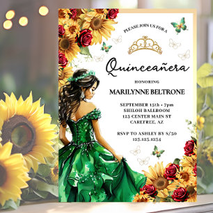 Sunflower Red Roses Green Princess Quinceañera Invitation