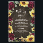 Sunflower Red Roses Rustic Wood Wedding Menu Cards<br><div class="desc">Design features watercolor deep burgundy red roses,  sunflowers,  eucalyptus and other greenery elements over a rustic barn wood grain background.</div>