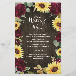 Sunflower Red Roses Rustic Wood Wedding Menu Cards