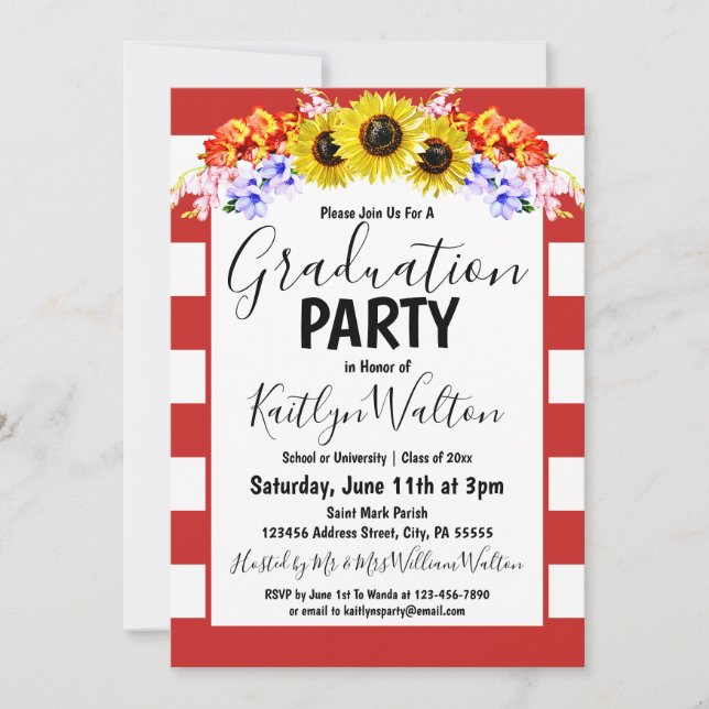 Sunflower Red Stripe Graduation Party Invitation (Front)