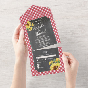 Sunflower Red White Gingham Wedding Invite & RSVP