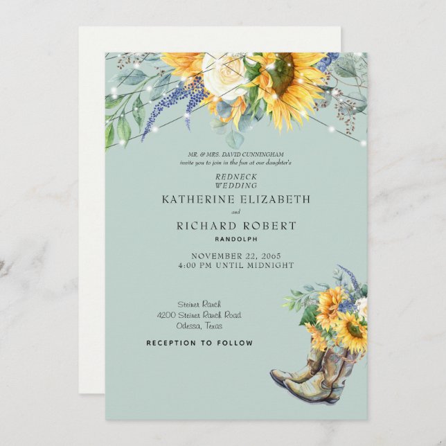 Sunflower Redneck Boots Lights  Invitation (Front/Back)