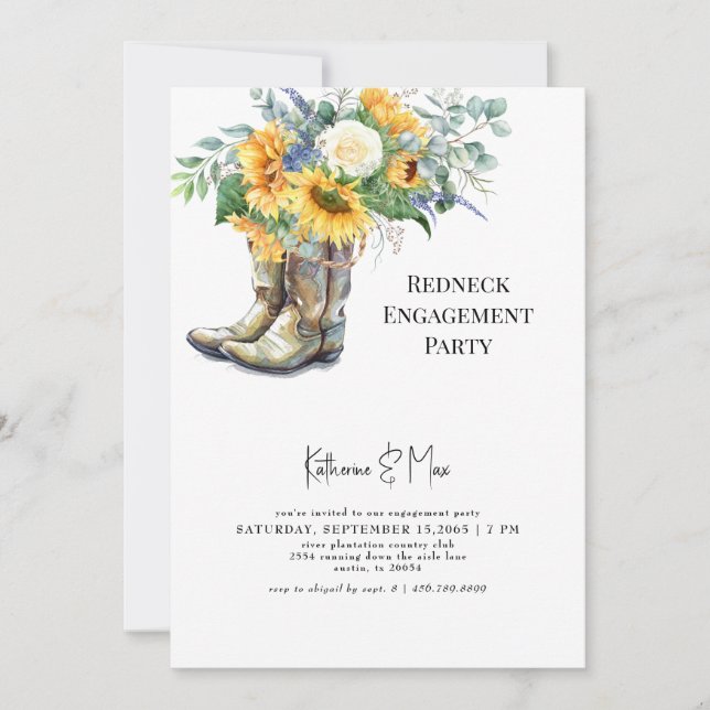 Sunflower Redneck Boots White Engagement Party Invitation (Front)