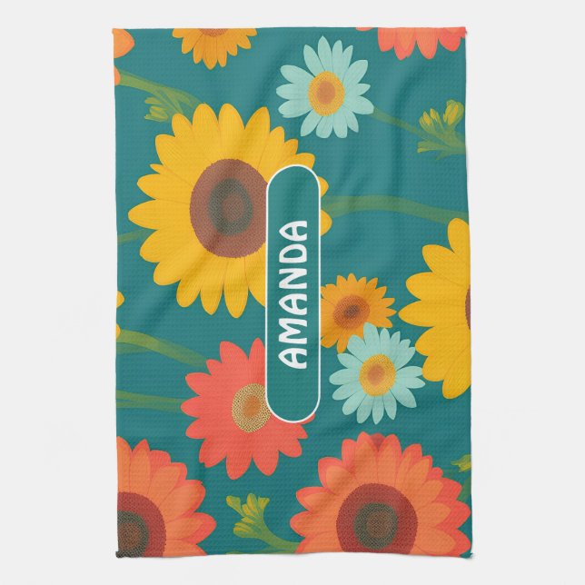 Sunflower Retro Colourful Personalised Pattern Tea Towel (Vertical)
