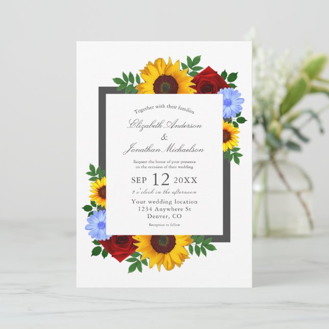 Sunflower Rose Autumn Floral Wedding Invitation (Standing Front)