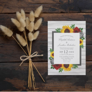Sunflower Rose Autumn Floral Wood Wedding Invitation