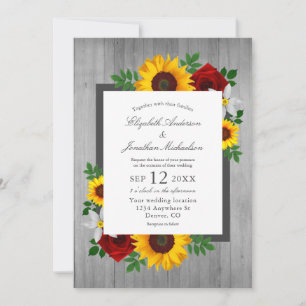 Sunflower Rose Autumn Floral Wood Wedding Invitation