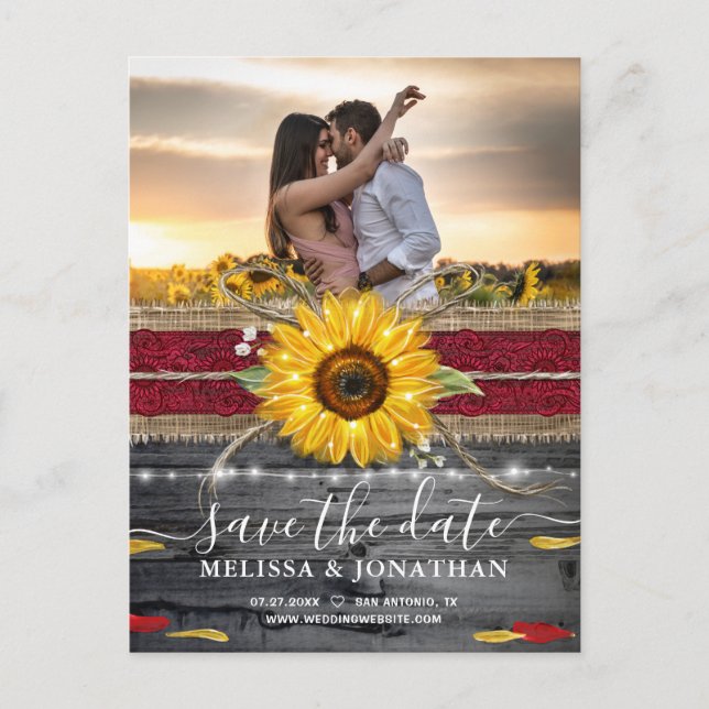 Sunflower Rose Burgundy Lace Rustic Save the Date Postcard (Front)