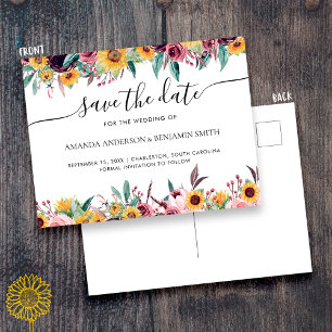 Sunflower Rose Burgundy Rustic Fall Floral Wedding Postcard