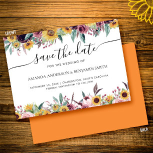 Sunflower Rose Burgundy Rustic Fall Floral Wedding Save The Date