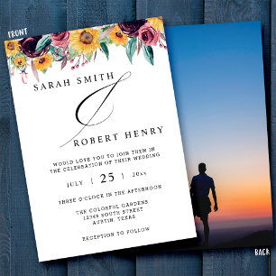Sunflower Rose Burgundy Rustic Fall Photo Wedding Invitation