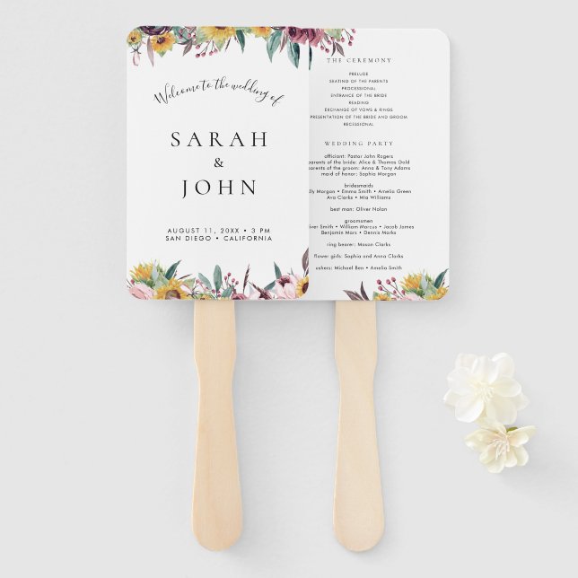 Sunflower Rose Burgundy Wedding Ceremony Program Hand Fan (Front and Back)