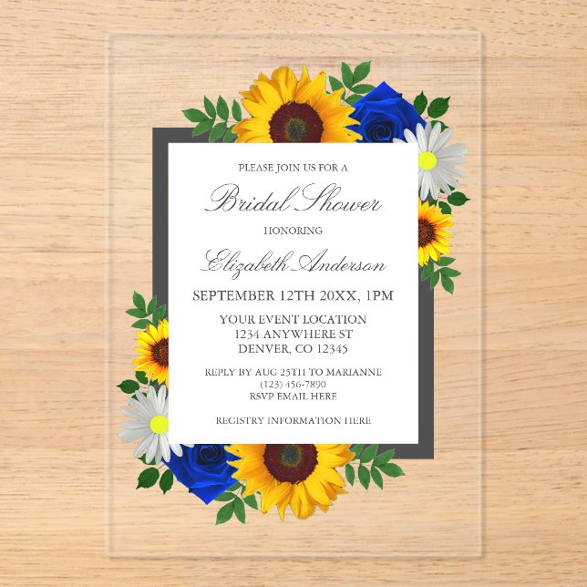 Sunflower Rose Daisy Autumn Floral Bridal Shower Acrylic Invitations (Front)