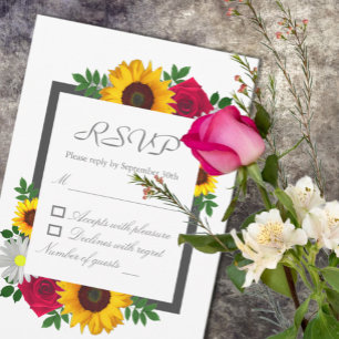 Sunflower Rose Daisy Autumn Floral Wedding RSVP Card