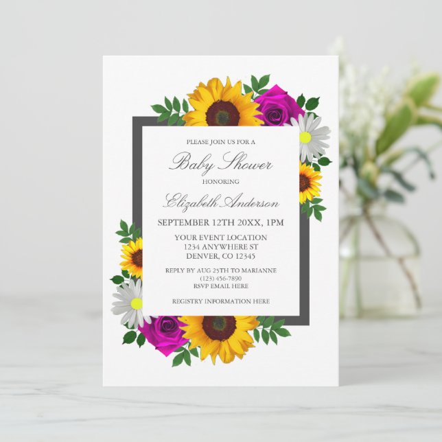 Sunflower Rose Daisy Floral Baby Shower Invitation (Standing Front)