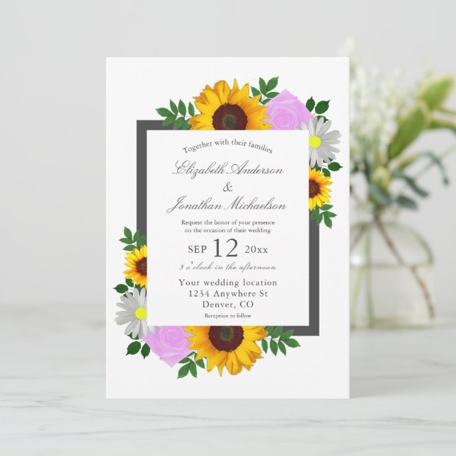 Sunflower Rose Daisy Floral Wedding Invitation (Standing Front)