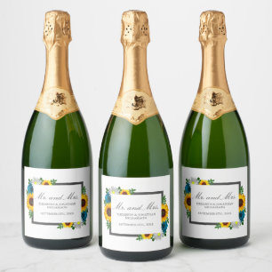 Sunflower Rose Daisy Floral Wedding Sparkling Wine Label
