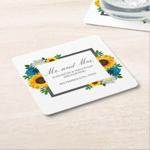 Sunflower Rose Daisy Floral Wedding Square Paper Coaster