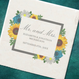 Sunflower Rose Daisy Floral Wedding Stone Coaster