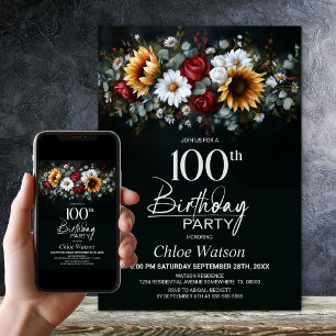 Sunflower Rose Floral Black 100th Birthday Party Invitation