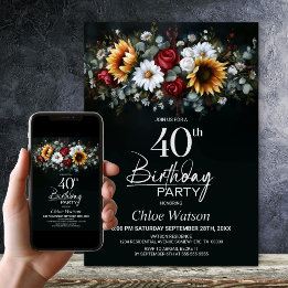 Sunflower Rose Floral Black 40th Birthday Party Invitation