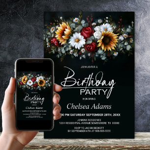 Sunflower Rose Floral Black Any Age Birthday Party Invitation