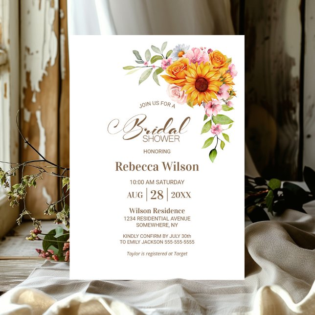 Sunflower Rose Floral Bridal Shower Invitation (Creator Uploaded)