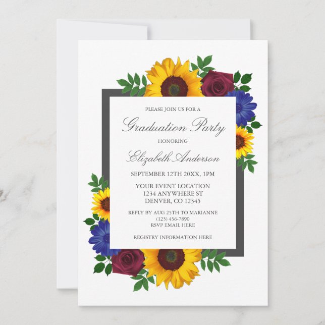 Sunflower Rose Floral Graduation Invitation (Front)