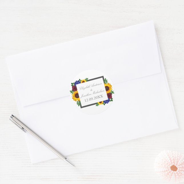 Sunflower Rose Floral Wedding Classic Round Sticker (Envelope)