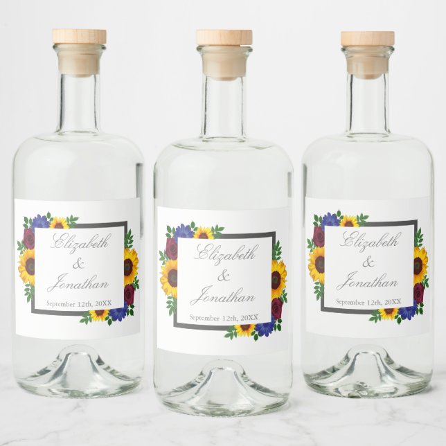 Sunflower Rose Floral Wedding Liquor Bottle Label (Bottles)