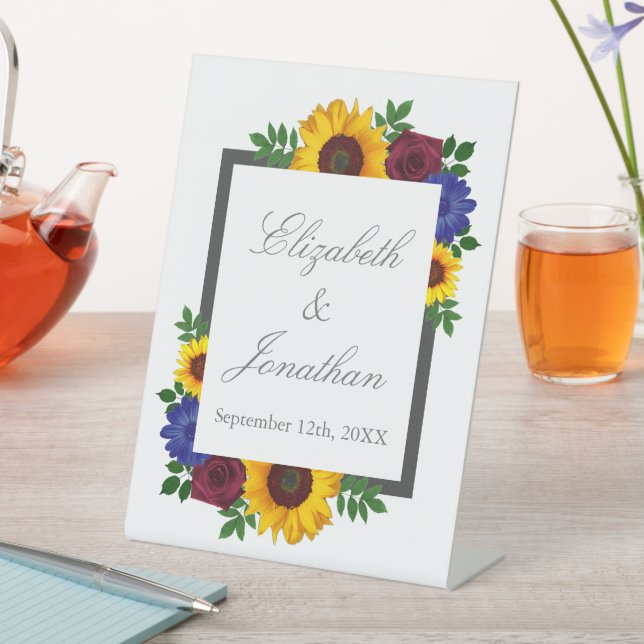 Sunflower Rose Floral Wedding Pedestal Sign (In SItu)
