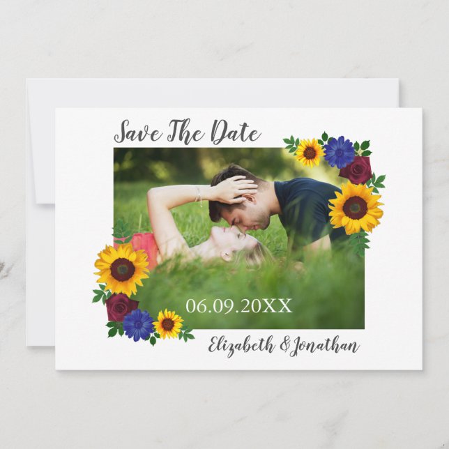 Sunflower Rose Floral Wedding Save The Date (Front)