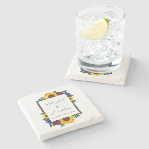 Sunflower Rose Floral Wedding Stone Coaster