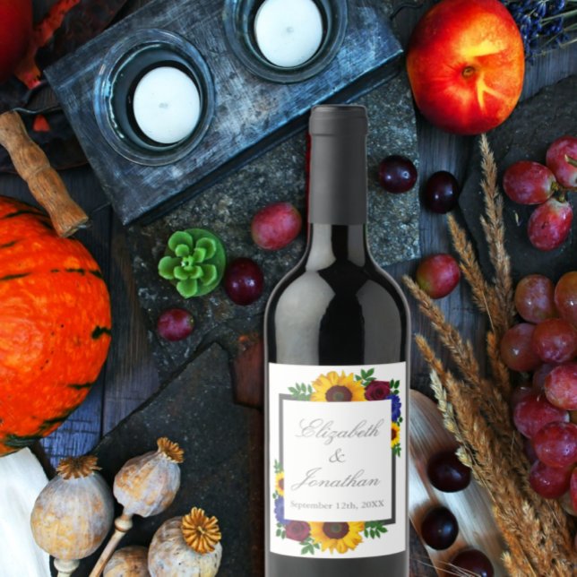 Sunflower Rose Floral Wedding Wine Label (Creator Uploaded)